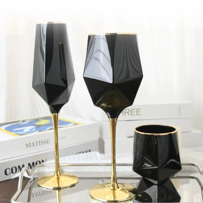 Luxury Black Whisky Glasses with Golden Edge Electroplated Irregular Goblet for Special Purpose Drinking Room Decor